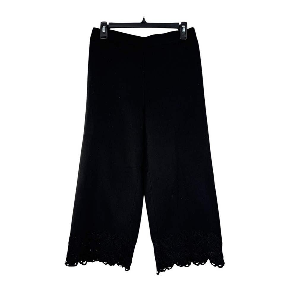 Ranna Gill Womens Black Embroidered Floral Hem Straight Wide Leg Cropped Pants S